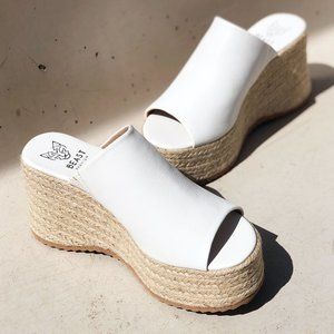 NEW White Smooth Faux Leather Espadrilles Chunky Platform Wedge Slides Sandals